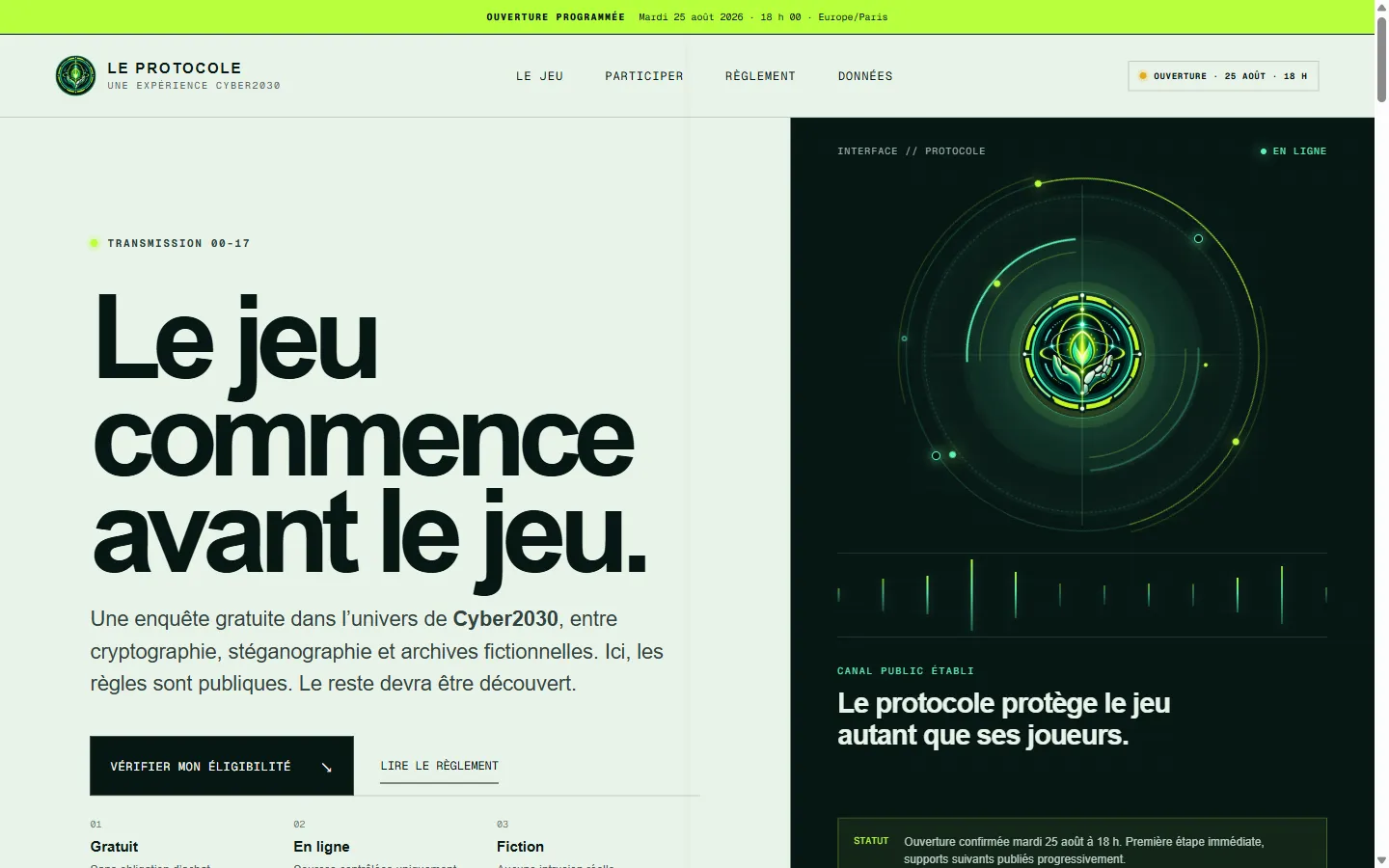 Aperçu du site Le Protocole, une expérience Cyber2030